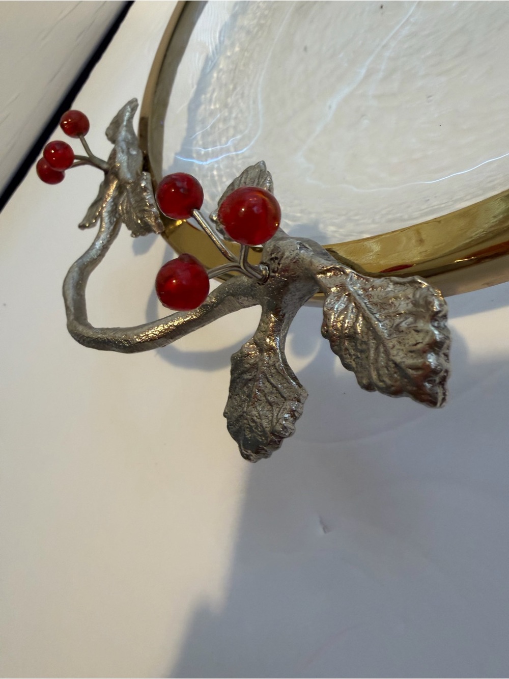 Vtg Clear Glass Dish, Sculptured, Metal Frame 
adorned With Red Berries READ - Picture 3 of 16